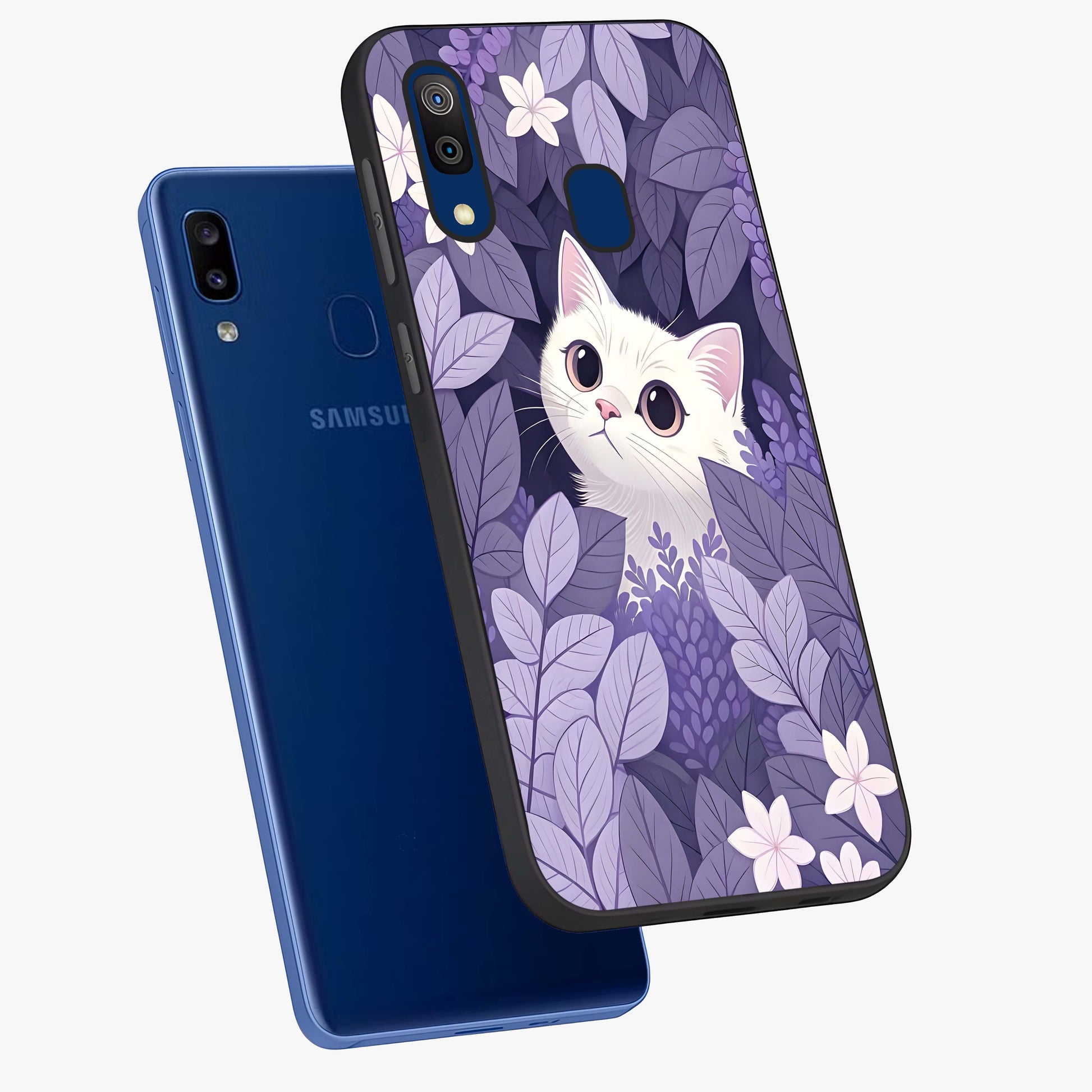 Lilac Hide Peek Cat Glass Case displayed in angled mockup highlighting playful feline illustration with lilac aesthetic design.
