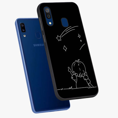Line Art Girl With Shooting Stars Glass Case displayed in angled mockup highlighting elegant line art design with dreamy star aesthetic.