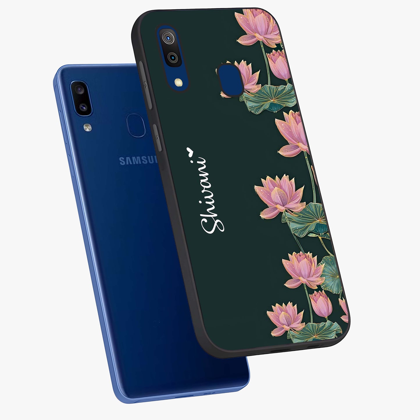 Lotus Bloom Serenity Custom Name Glass Case displayed in angled mockup highlighting graceful lotus illustration with custom name feature.