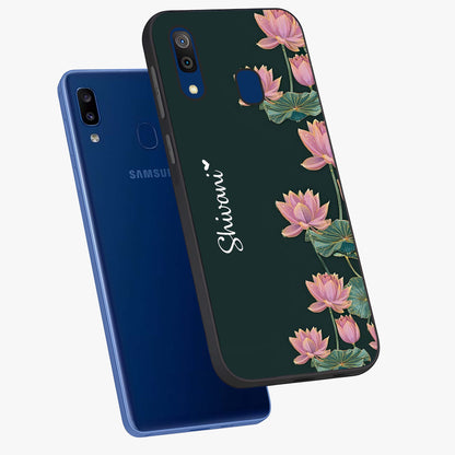 Lotus Bloom Serenity Custom Name Glass Case displayed in angled mockup highlighting graceful lotus illustration with custom name feature.