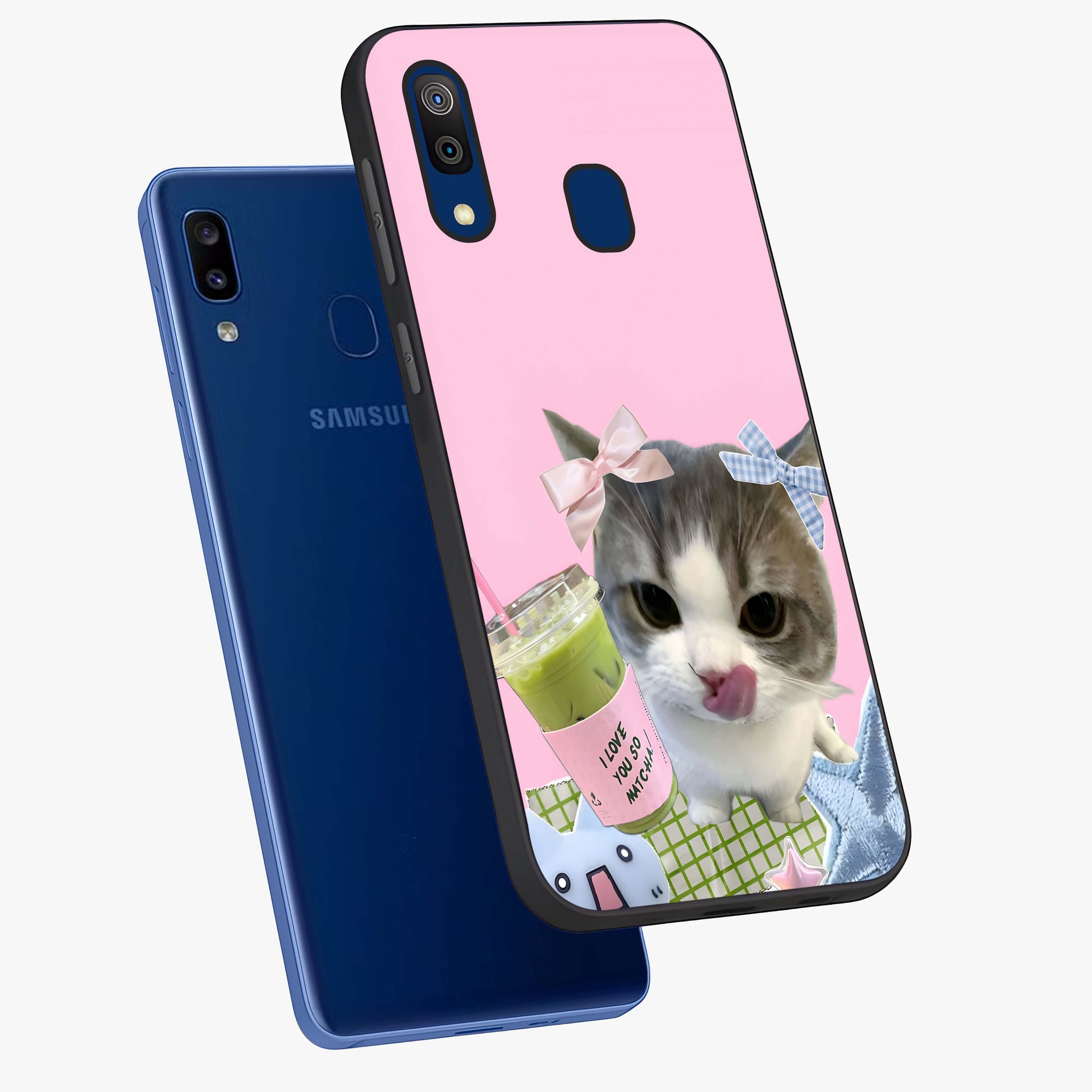 Love Matcha Cat Glass Case displayed in angled mockup highlighting playful feline illustration with cozy matcha aesthetic.