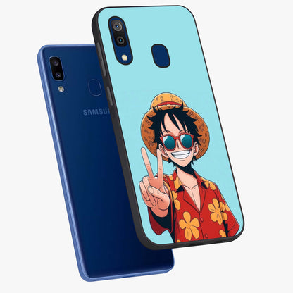 Luffy Summer Anime Vibe Glass Case displayed in angled mockup highlighting energetic anime illustration with summer vibe aesthetic.