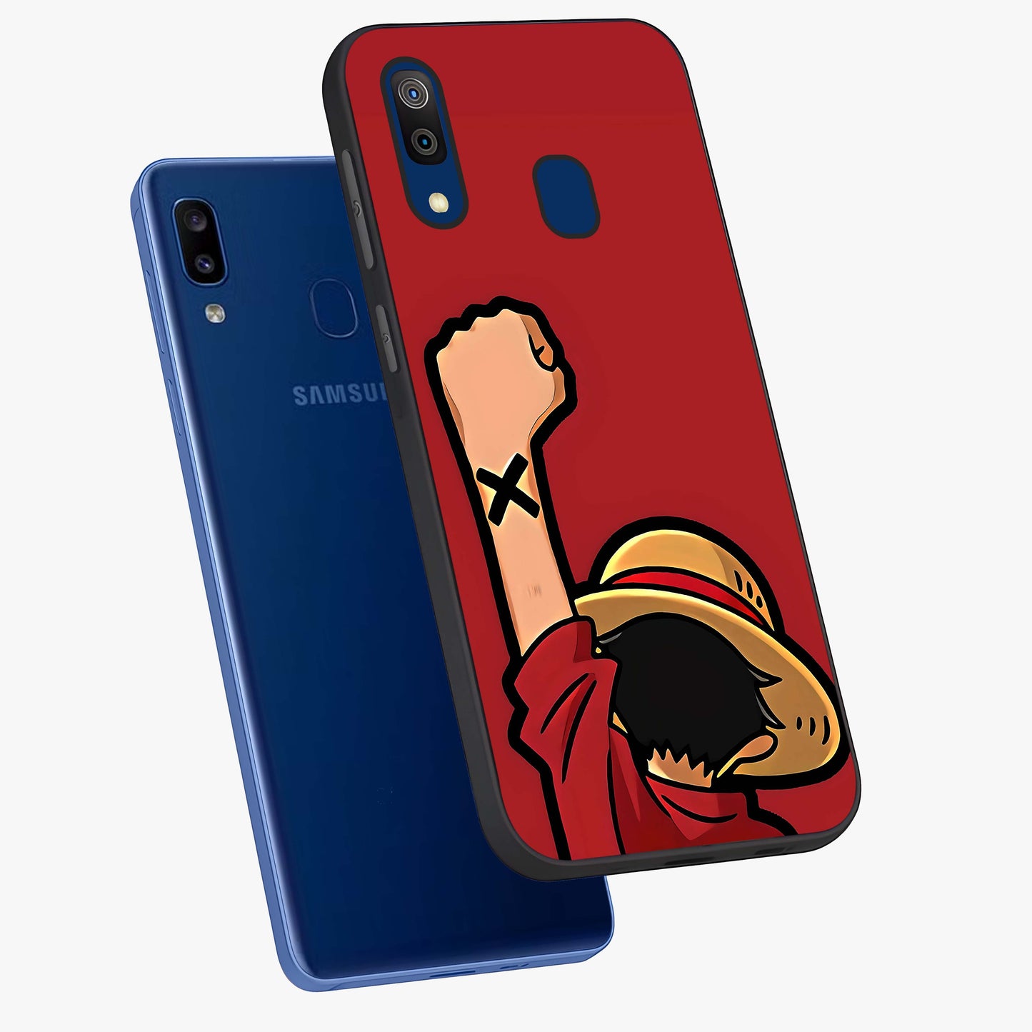 Luffy X Spirit Glass Case displayed in angled mockup highlighting powerful anime design with energetic action aesthetic.