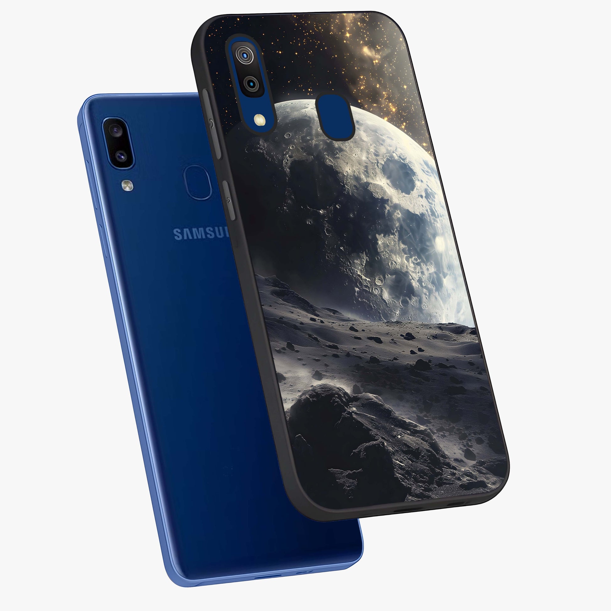 Lunar Horizon Glow Glass Case displayed in angled mockup highlighting celestial moon design with dreamy night aesthetic.