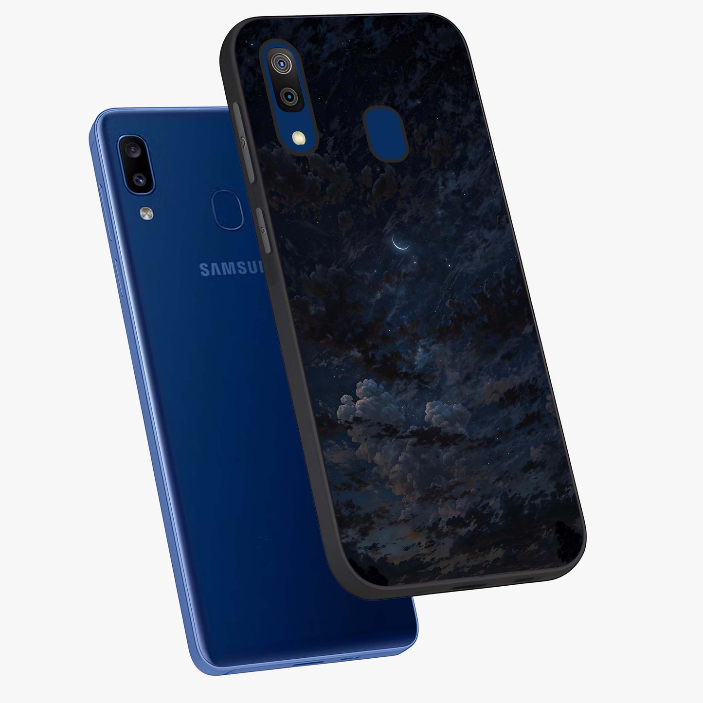 Lunar Veil Silence Glass Case displayed in angled mockup highlighting soft lunar design with peaceful celestial aesthetic.