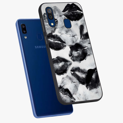 Midnight Kiss Marks Glass Case displayed in angled mockup highlighting playful romantic design with bold midnight aesthetic.