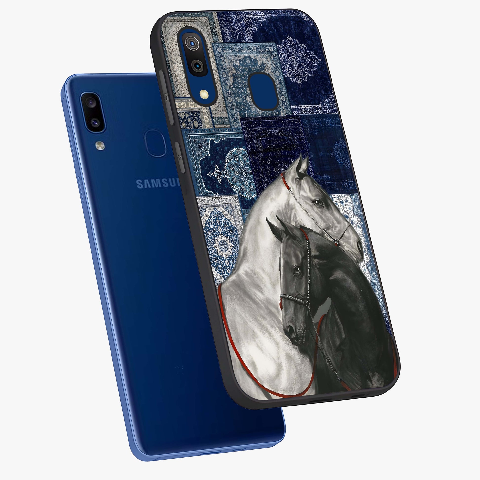 Midnight Stallion Blues Glass Case displayed in angled mockup highlighting powerful stallion illustration with deep midnight tones.