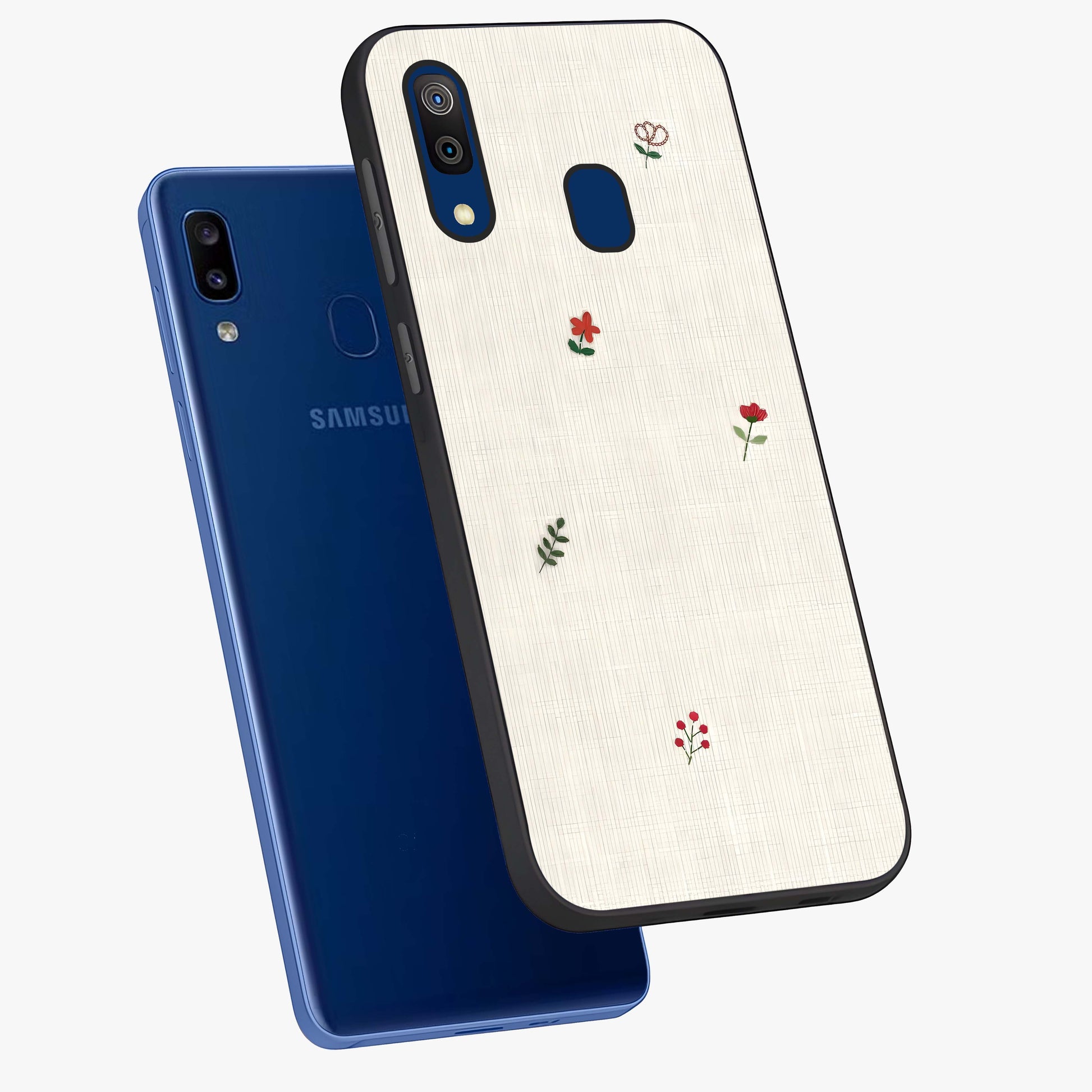 Minimalistic Blue With White Flower Pattern Glass Case displayed in angled mockup highlighting simple floral design with minimal aesthetic.