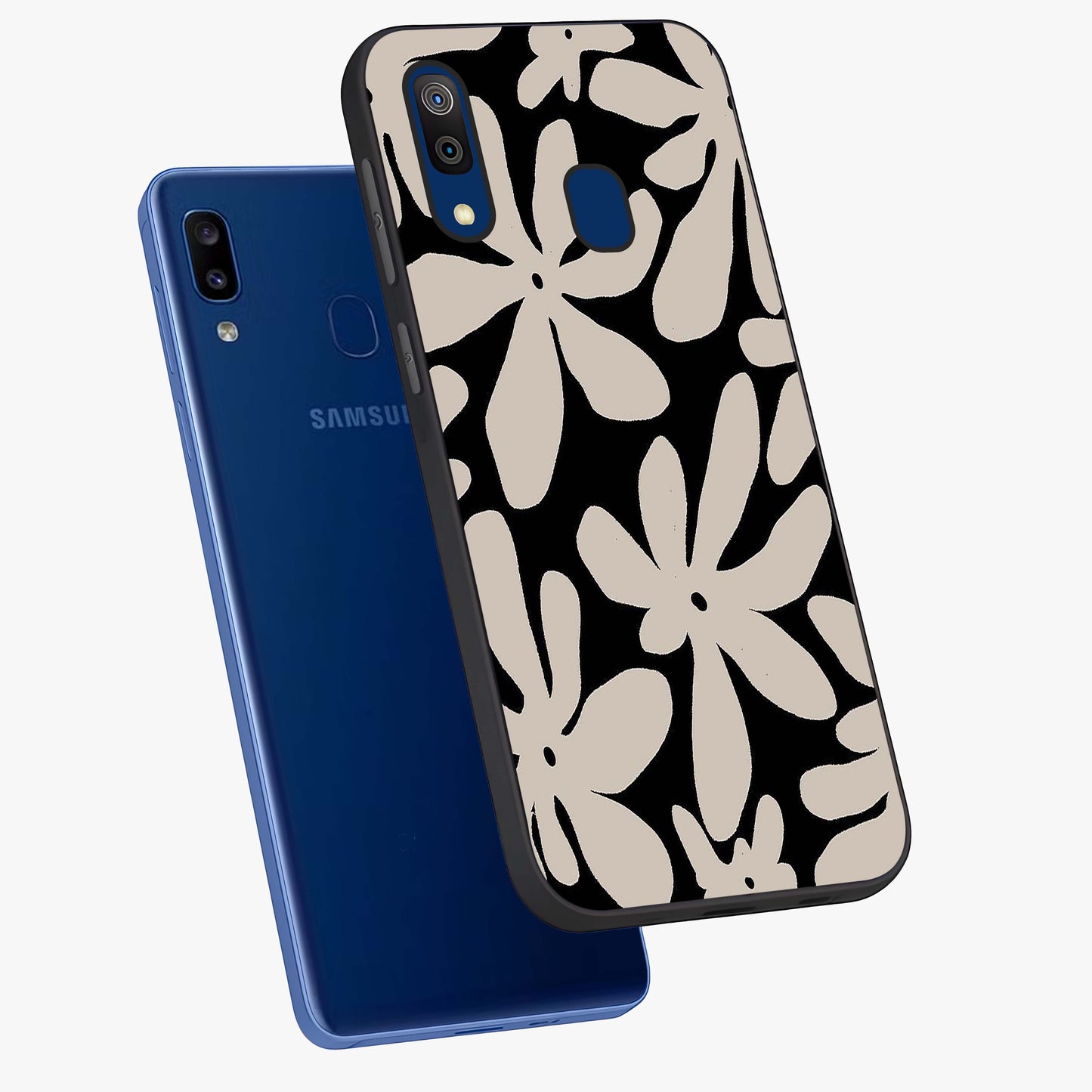 Monochrome Petal Dance Glass Case displayed in angled mockup highlighting elegant petal design with black and white aesthetic.