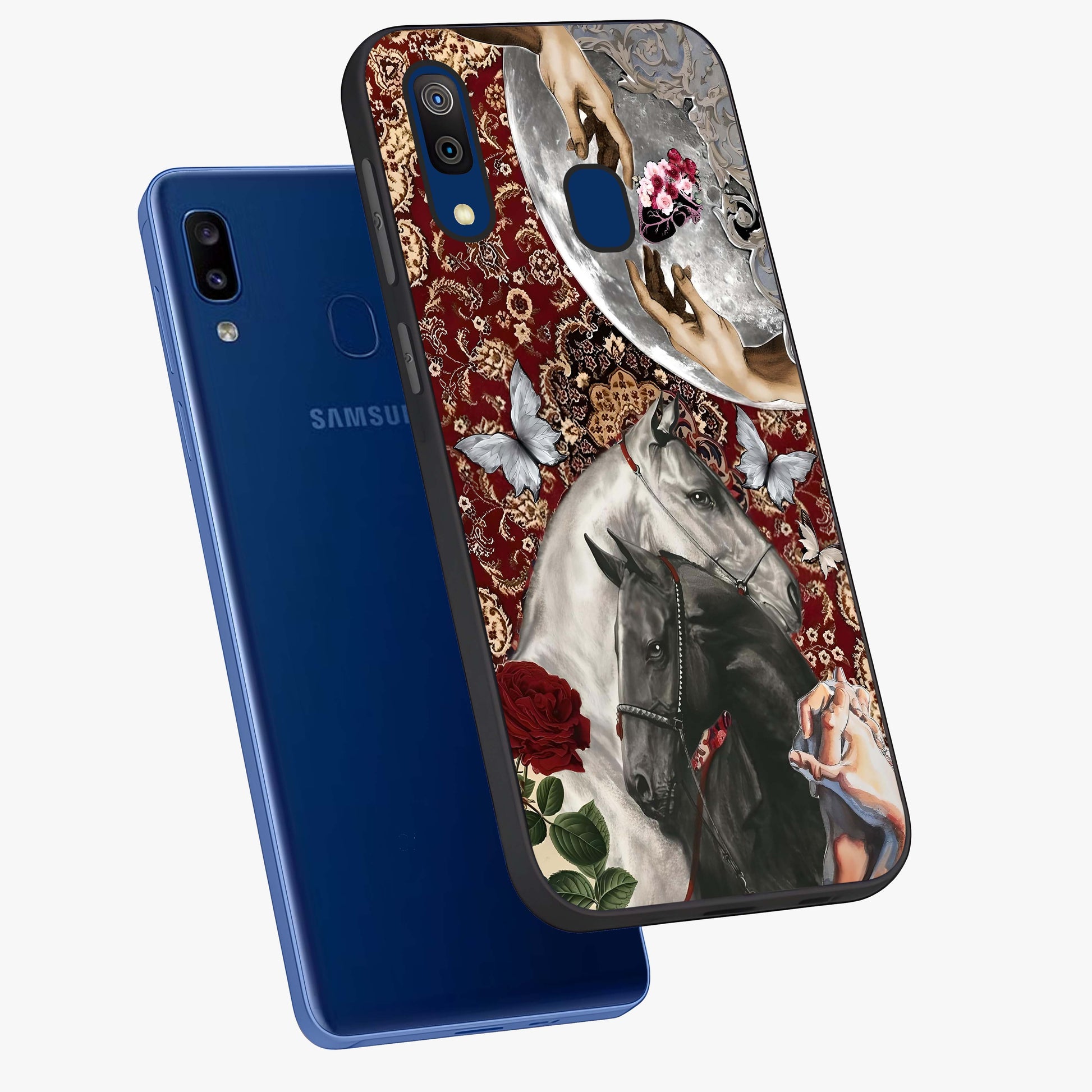 Moonlit Royal Stallion Glass Case displayed in angled mockup highlighting powerful stallion illustration with royal night aesthetic.
