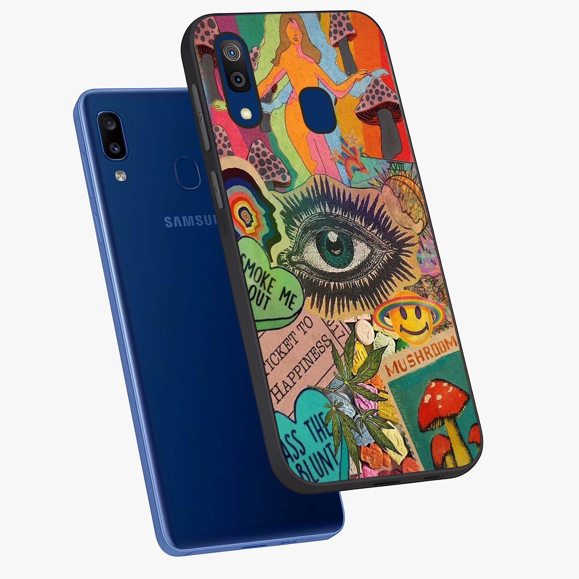Mystic Eye Wonderland Glass Case displayed in angled mockup highlighting magical eye illustration with dreamy aesthetic.