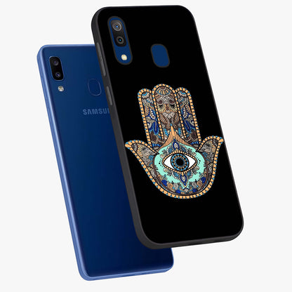 Mystic Hamsa Eye Glass Case displayed in angled mockup highlighting spiritual hamsa symbol with mystical aesthetic style.