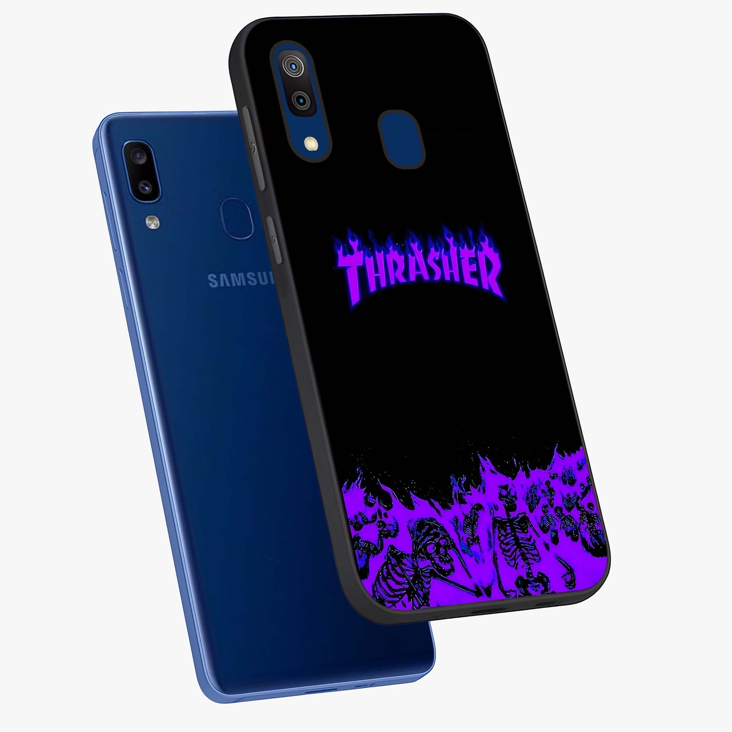Neon Flame Riot Glass Case displayed in angled mockup highlighting glowing flame design with vibrant neon aesthetic.