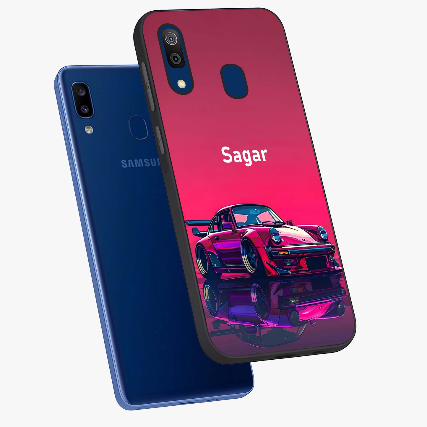 Neon Pink Porsche Glass Case displayed in angled mockup highlighting sleek neon pink car design with racing aesthetic.