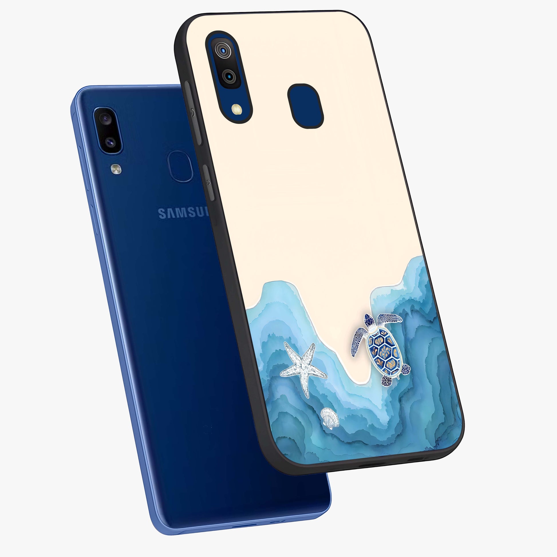 Ocean Drift Turtle Glass Case displayed in angled mockup highlighting peaceful ocean turtle illustration with marine aesthetic.