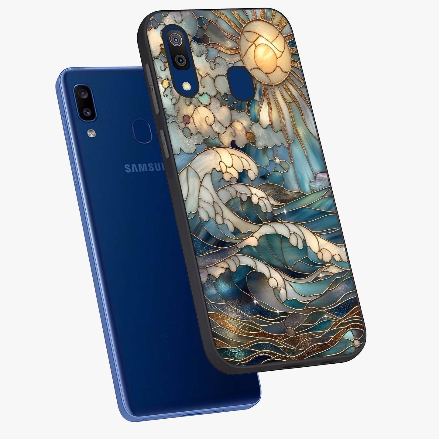 Oceanic Stained Printed Glass Case displayed in angled mockup highlighting colorful aquatic design with artistic aesthetic style.