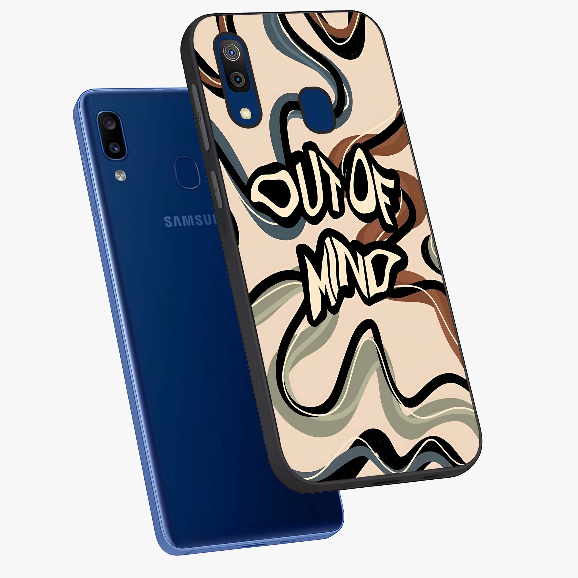 Out Of Mind Glass Case displayed in angled mockup highlighting bold statement design with modern artistic aesthetic.