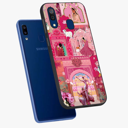 Pink Palace Muse Glass Case displayed in angled mockup highlighting dreamy palace illustration with soft pink aesthetic.