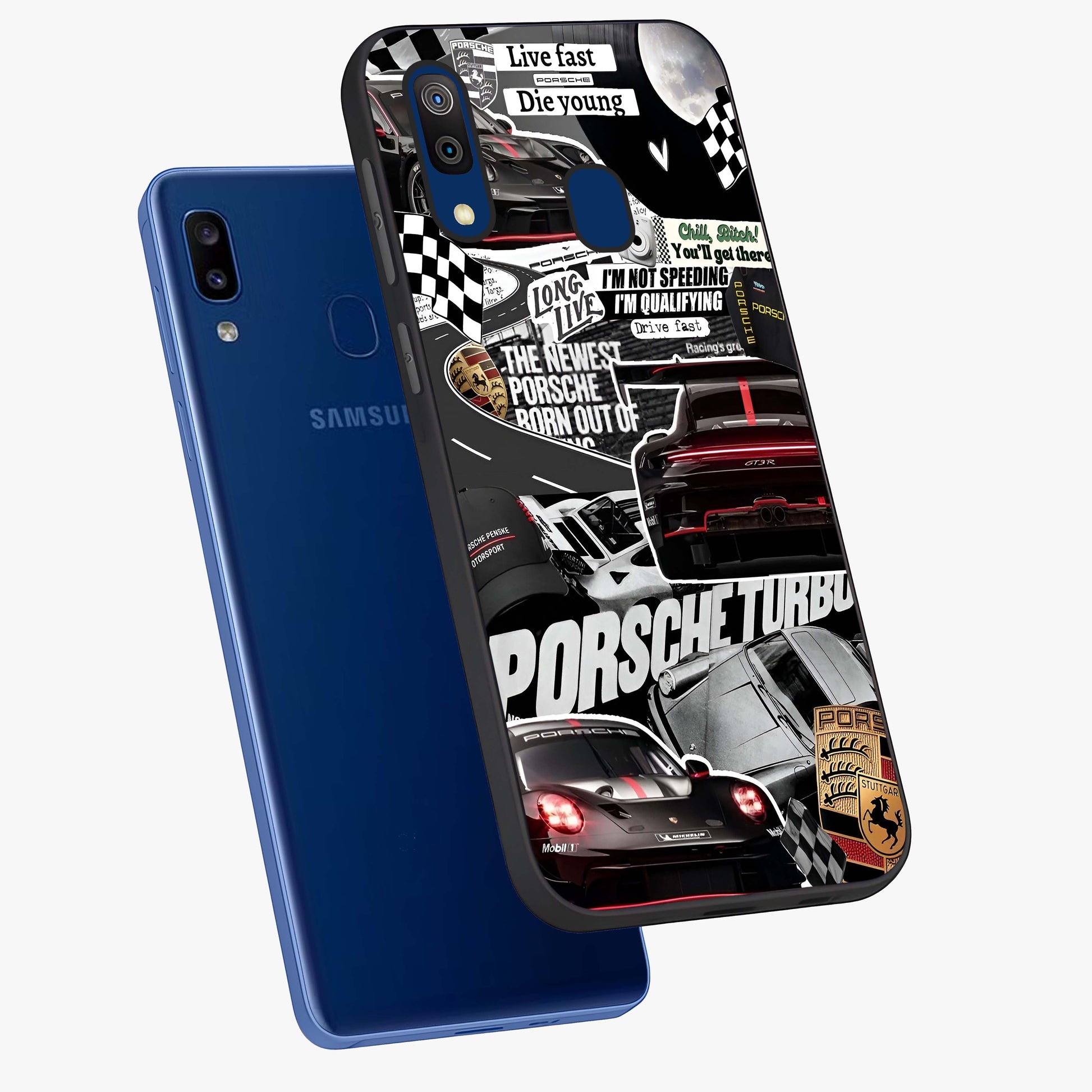 Porsche Racing Collage Glass Case displayed in angled mockup highlighting dynamic automotive design with bold racing aesthetic.