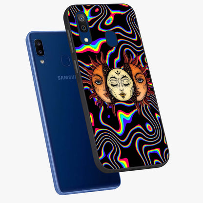 Psychedelic Sun Glass Case displayed in angled mockup highlighting vibrant abstract sun design with artistic aesthetic style.