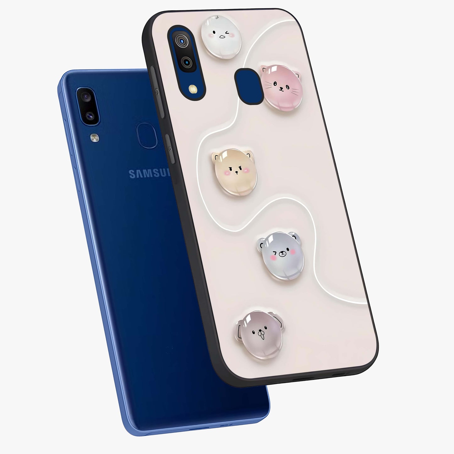 Puffy Face Parade Glass Case displayed in angled mockup highlighting playful cartoon face design with fun aesthetic.