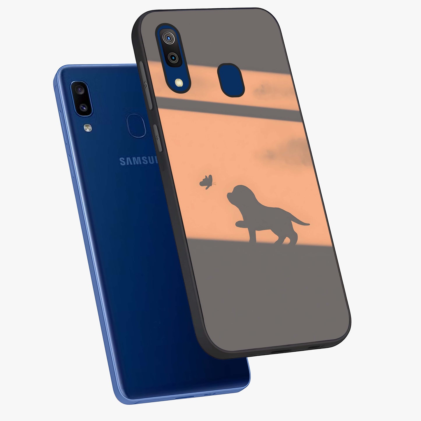 Puppy Shadow Art Glass Case displayed in angled mockup highlighting playful dog illustration with artistic shadow aesthetic.