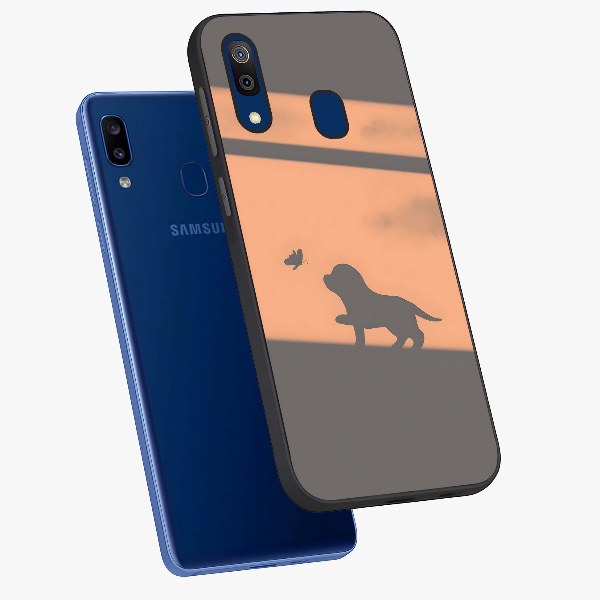 Puppy Shadow Art Glass Case displayed in angled mockup highlighting playful dog illustration with artistic shadow aesthetic.