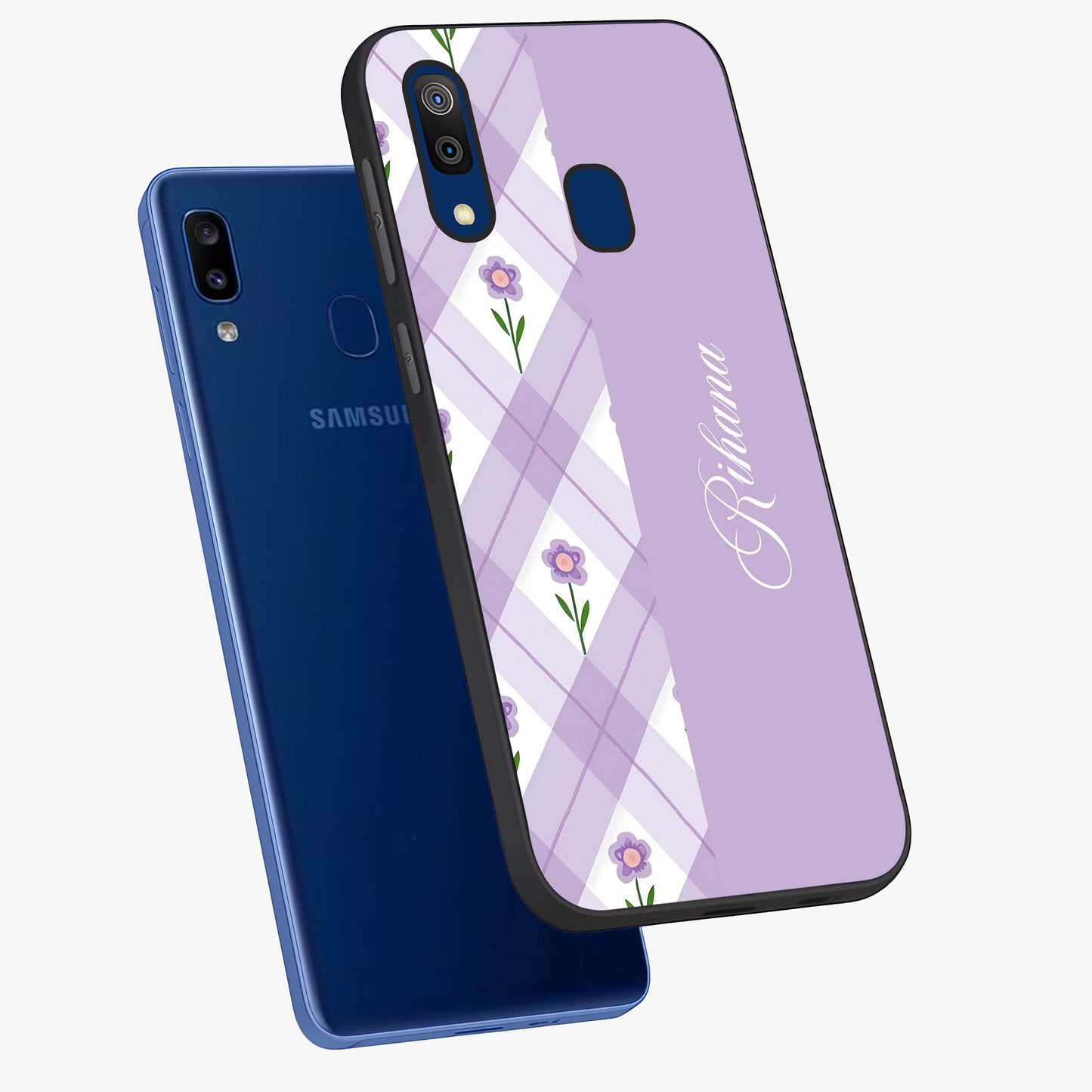 Purple Diamond Floral Glass Case displayed in angled mockup highlighting elegant purple flower design with decorative pattern.