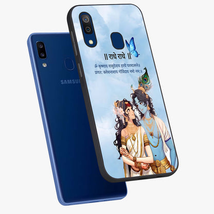 Radha Krishna Eternal Glass Case displayed in angled mockup highlighting divine Radha Krishna illustration with spiritual aesthetic.