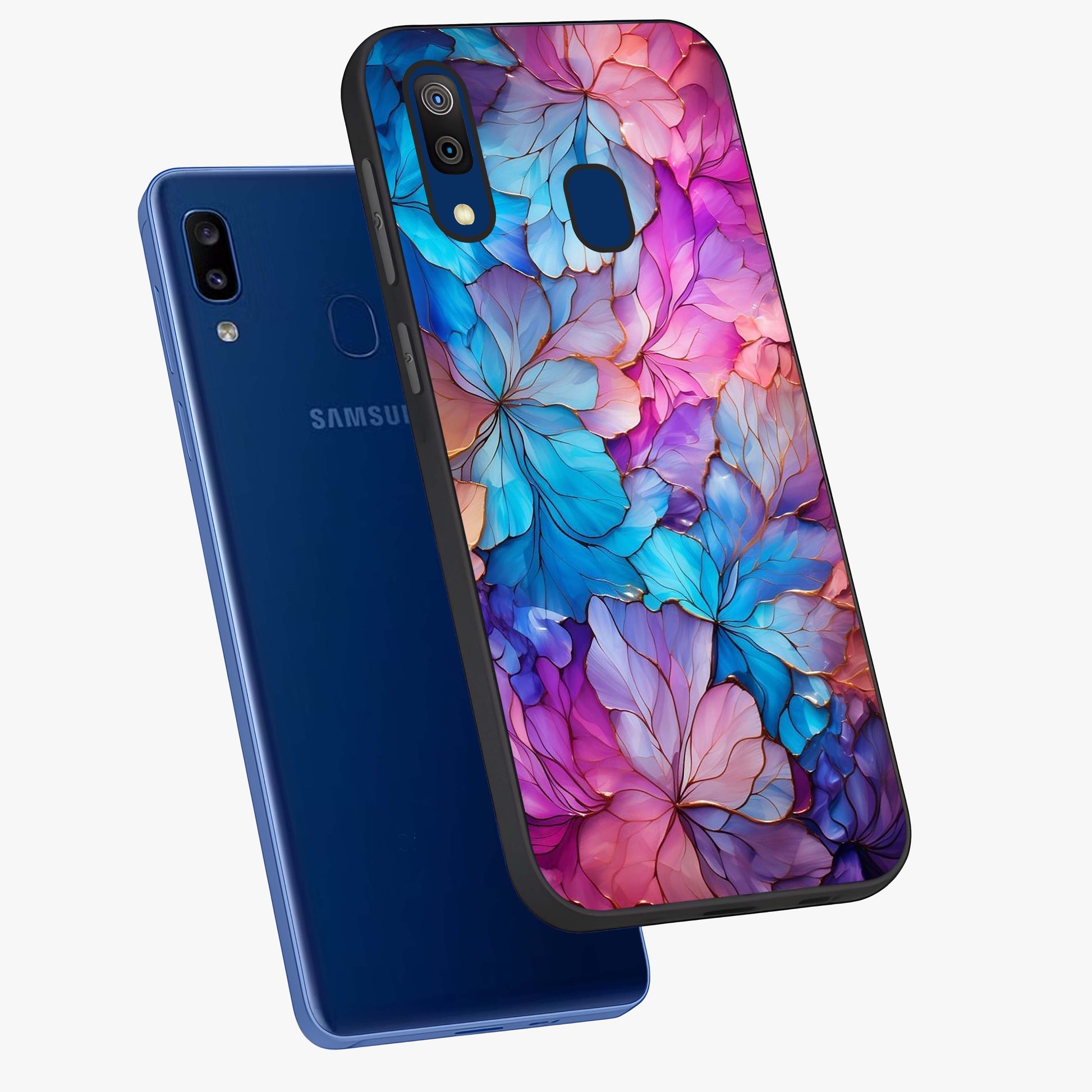Radiant Floral Whirl Glass Case displayed in angled mockup highlighting vibrant flower pattern with dynamic artistic aesthetic.