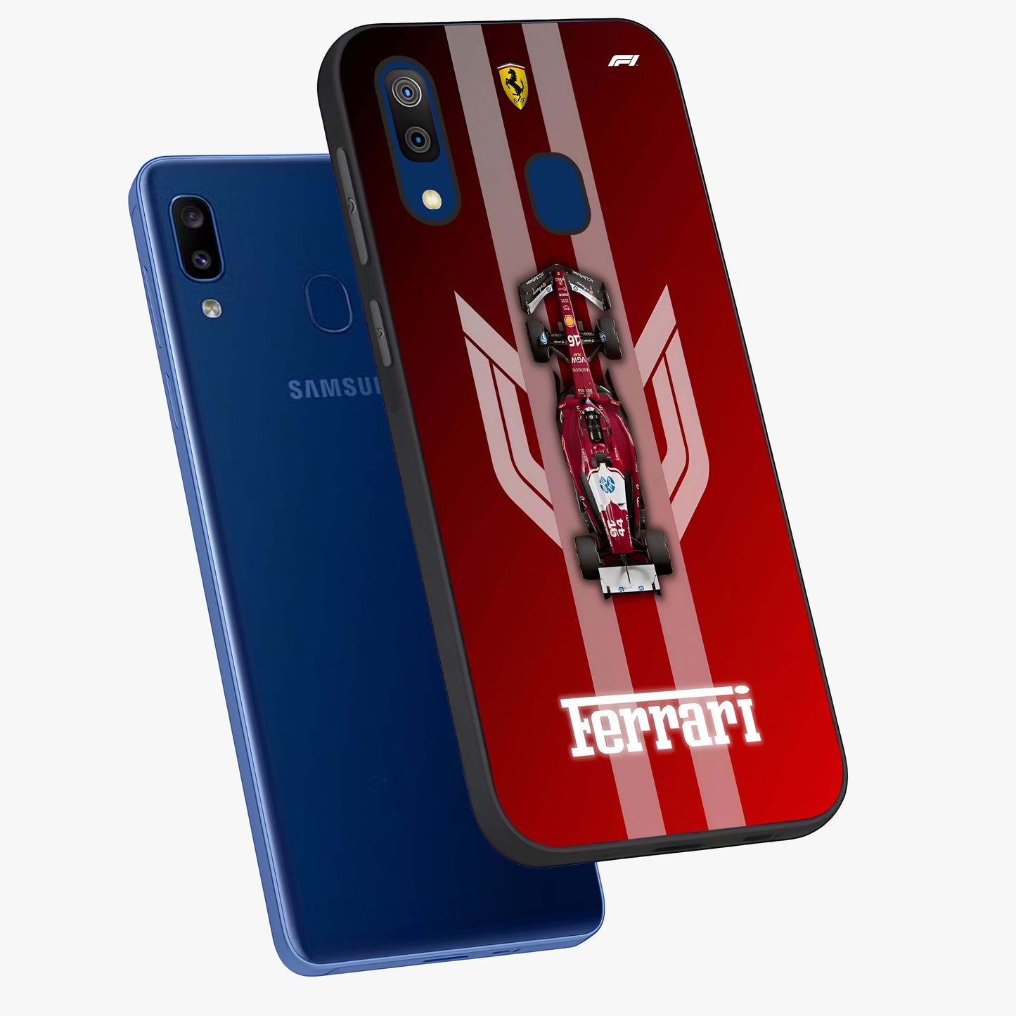 Red Ferrari F1 Vertical Glass Case displayed in angled mockup highlighting high speed racing design with bold automotive aesthetic.