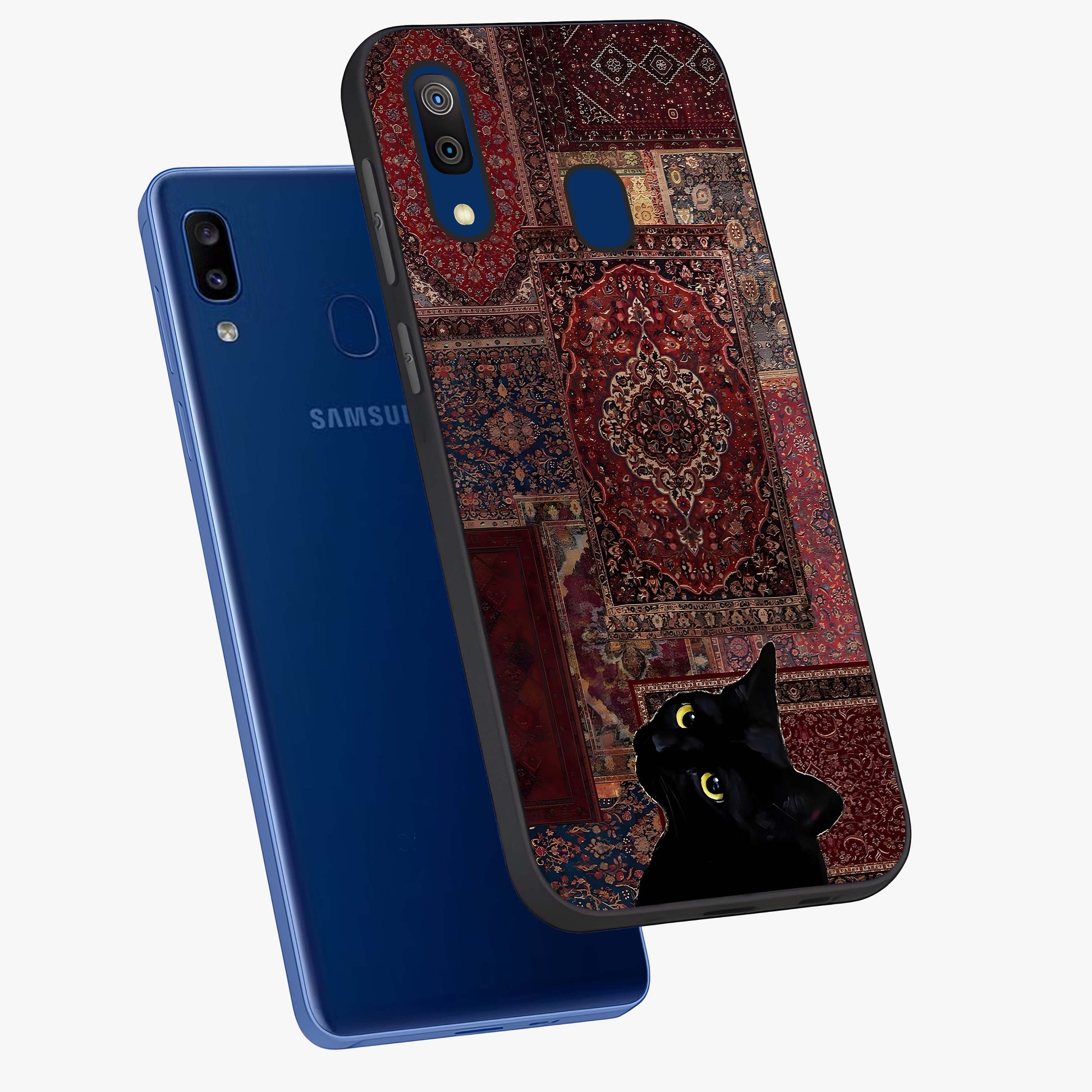 Regal Magic Cat Apple Glass Case displayed in angled mockup highlighting whimsical feline design with fantasy aesthetic.