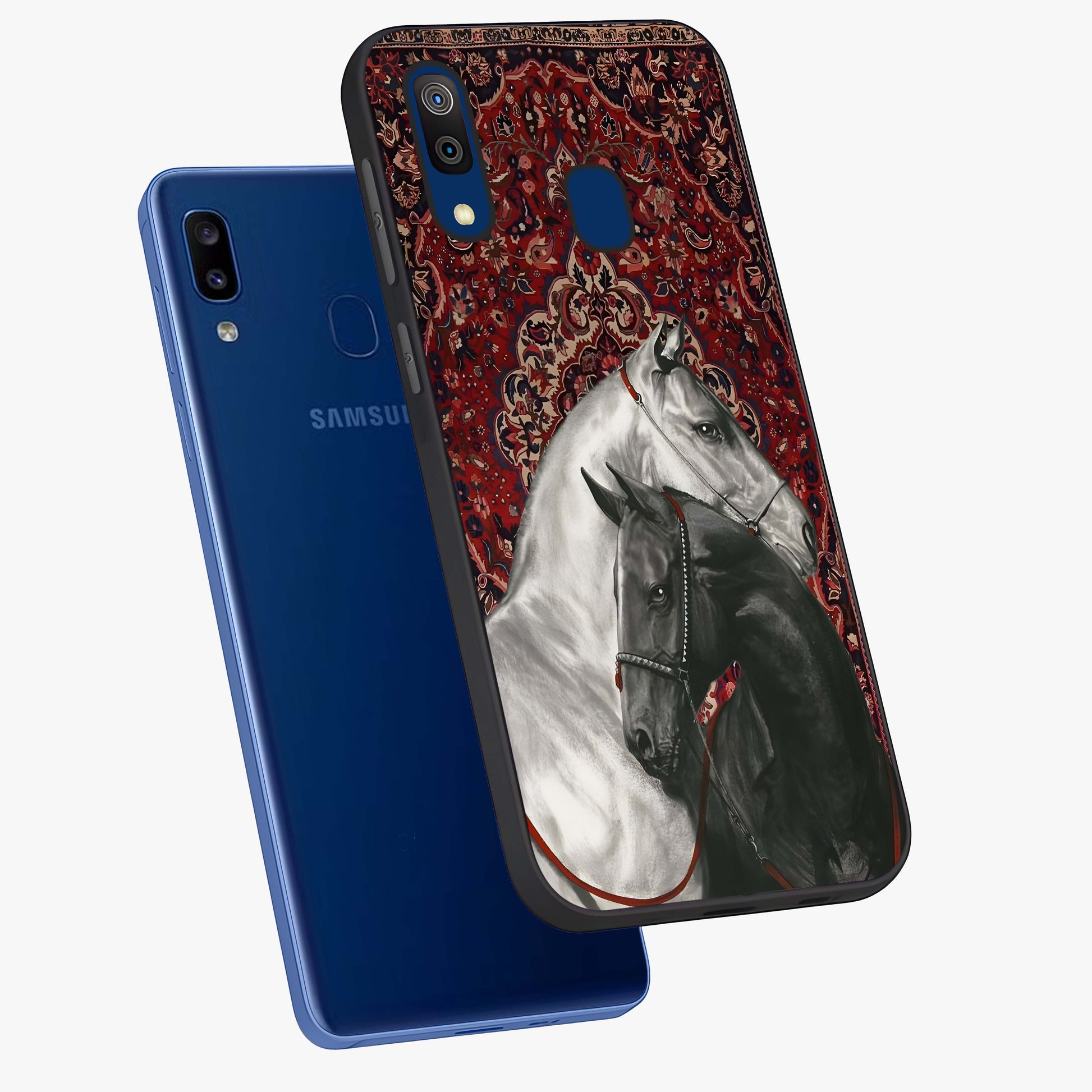Regal Stallion Tapestry Glass Case displayed in angled mockup highlighting royal stallion design with decorative heritage aesthetic.