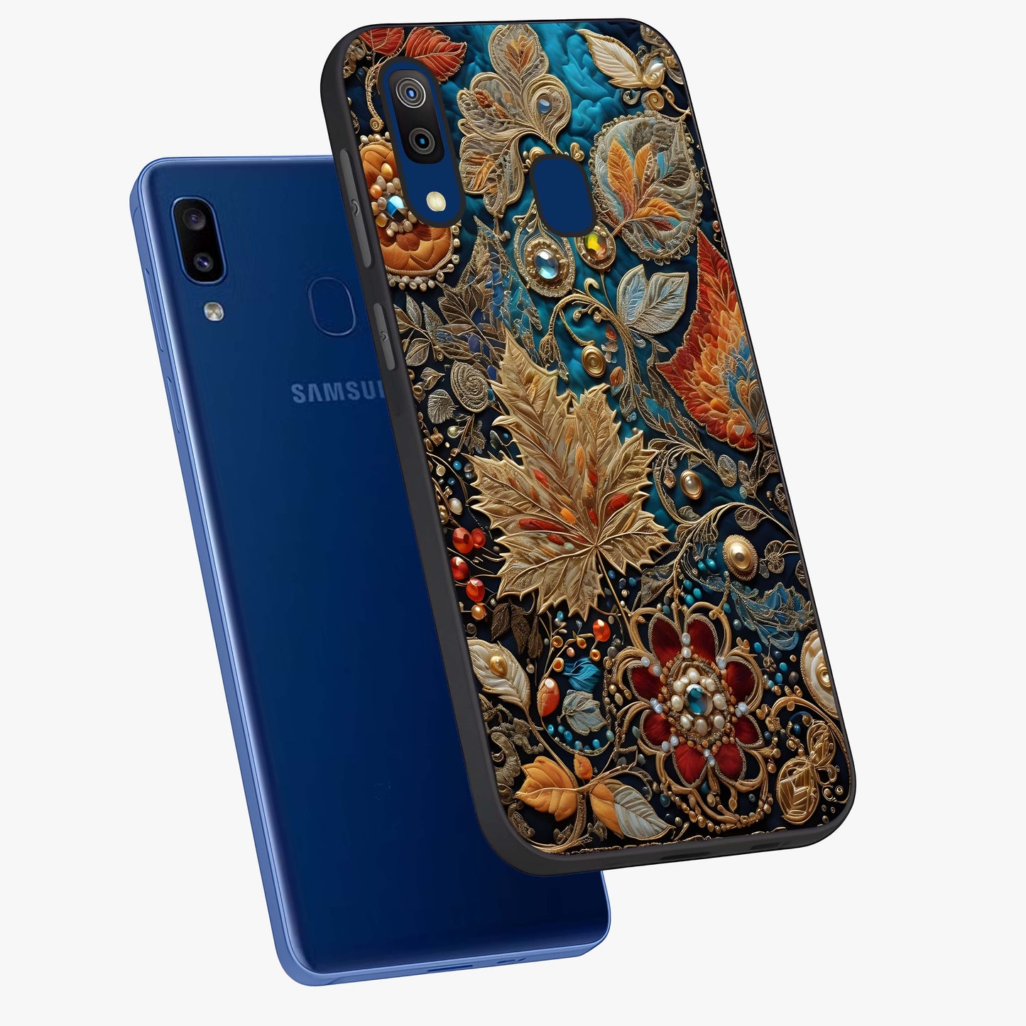 Royal Jewel Garden Glass Case displayed in angled mockup highlighting vibrant jewel inspired floral design with elegant aesthetic.