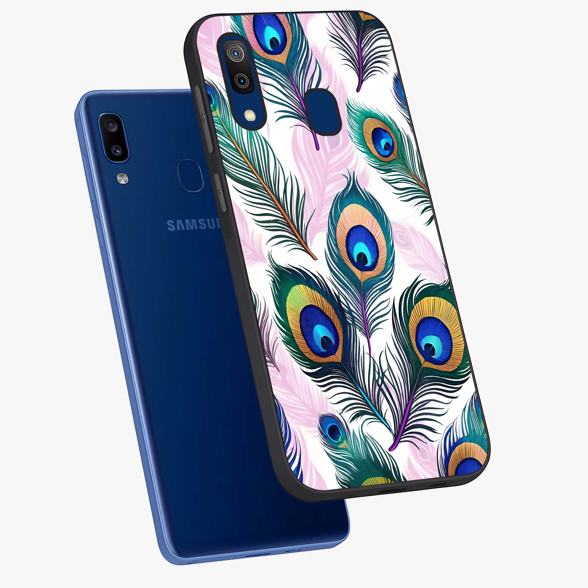 Royal Peacock Feathers Glass Case displayed in angled mockup highlighting vibrant feather pattern with regal aesthetic style.