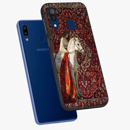 Royal Rider Tapestry Glass Case displayed in angled mockup highlighting traditional tapestry design with royal heritage aesthetic.