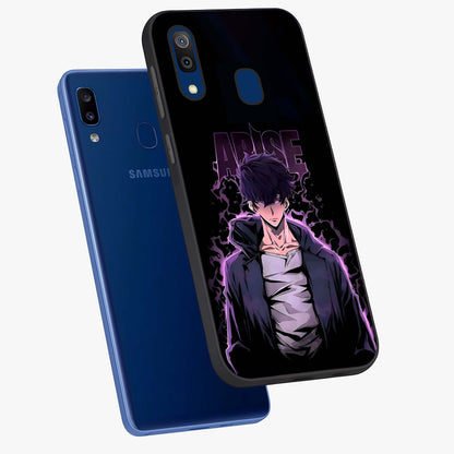 Shadow Monarch Awakening Glass Case displayed in angled mockup highlighting dramatic shadow warrior design with fantasy aesthetic.