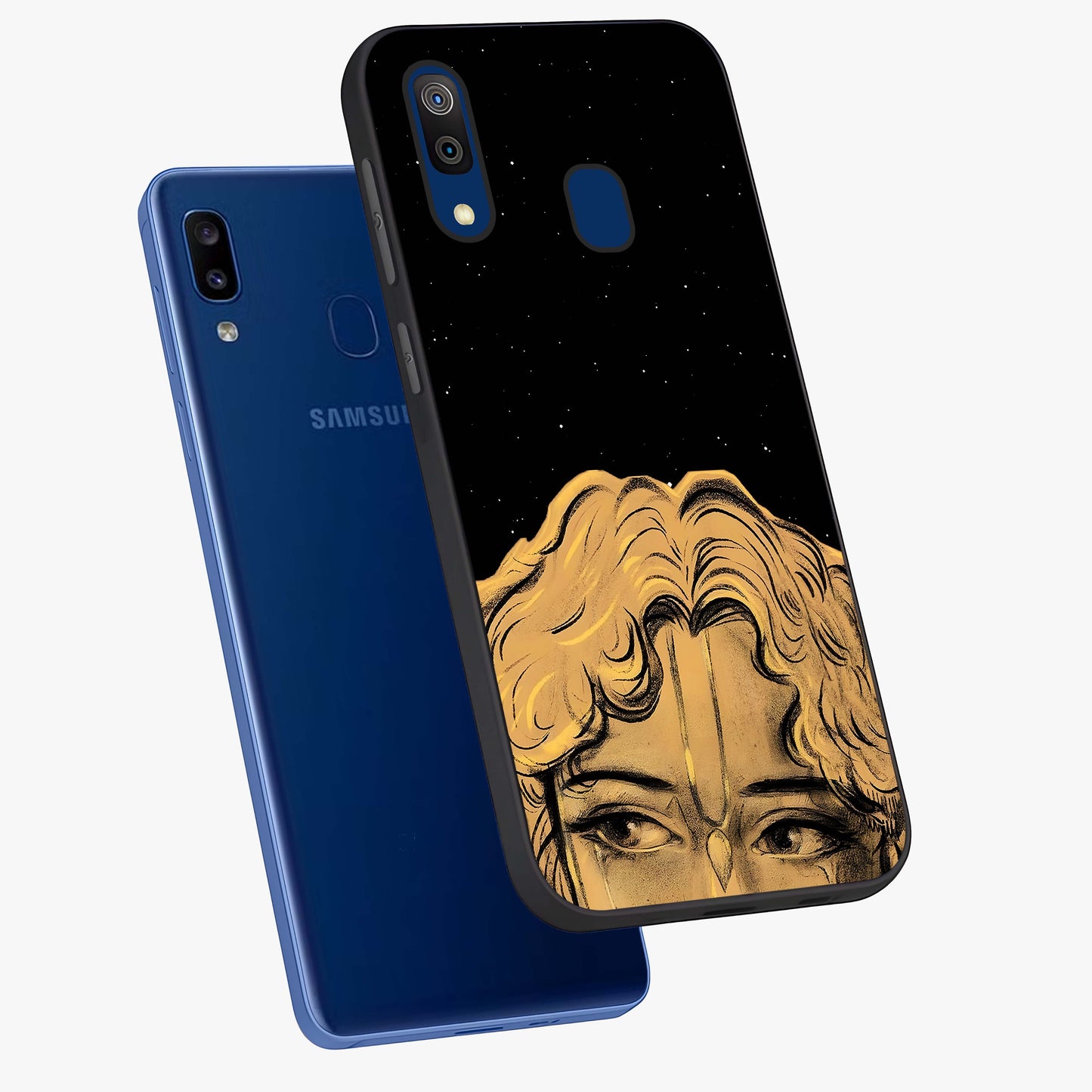 Shri Krishna Art Glass Case displayed in angled mockup highlighting spiritual Krishna illustration with divine aesthetic.