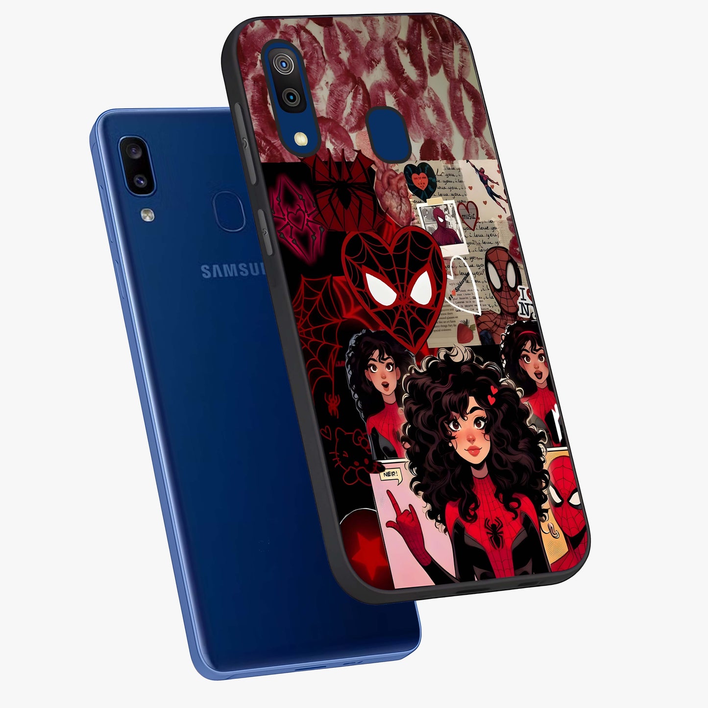 Spider Love Story Glass Case displayed in angled mockup highlighting expressive comic inspired design with playful aesthetic.