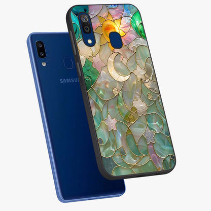 Stained Sunrise Glow Glass Case displayed in angled mockup highlighting radiant sunrise design with artistic aesthetic style.