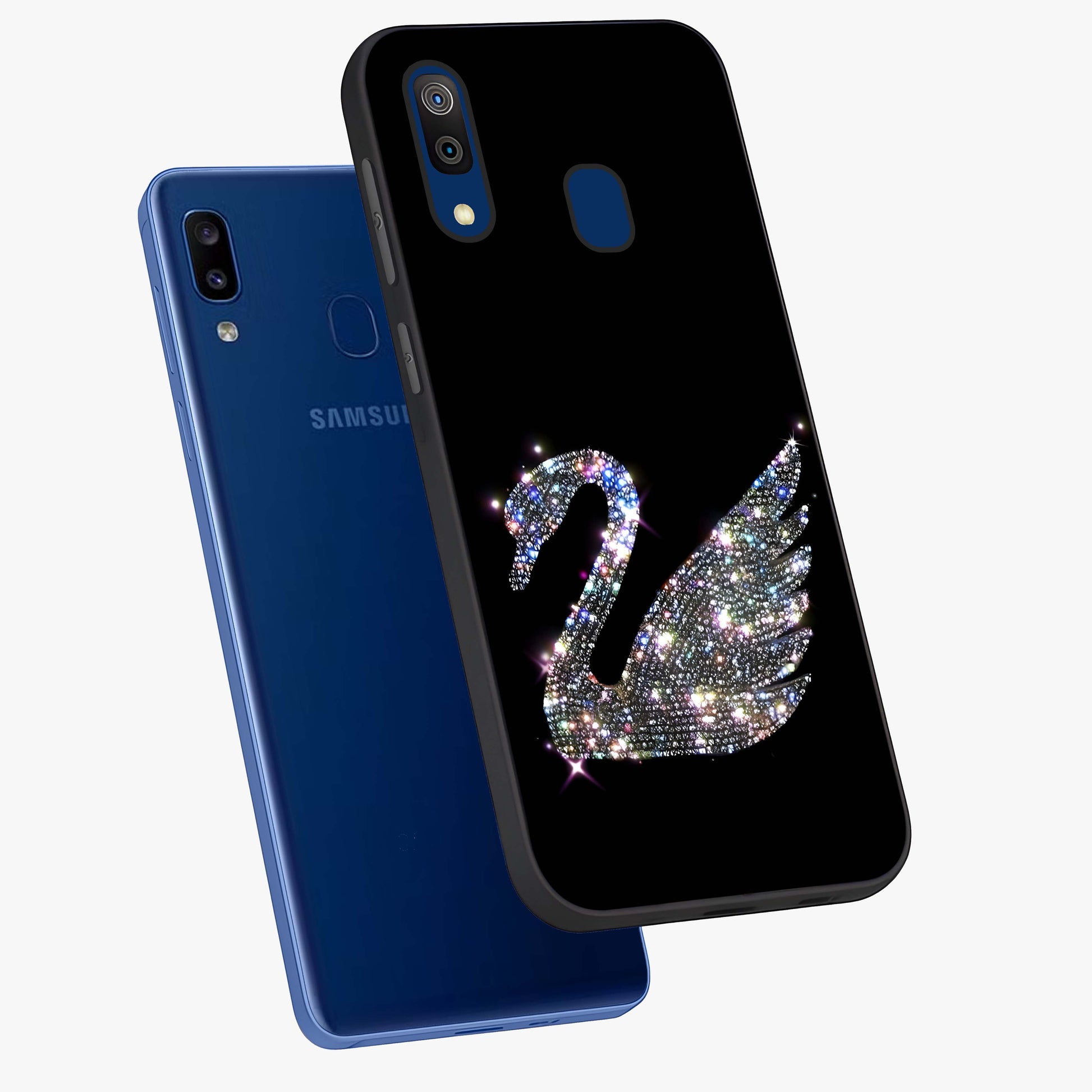 Starlit Swan Grace Glass Case displayed in angled mockup highlighting elegant swan illustration with dreamy celestial aesthetic.