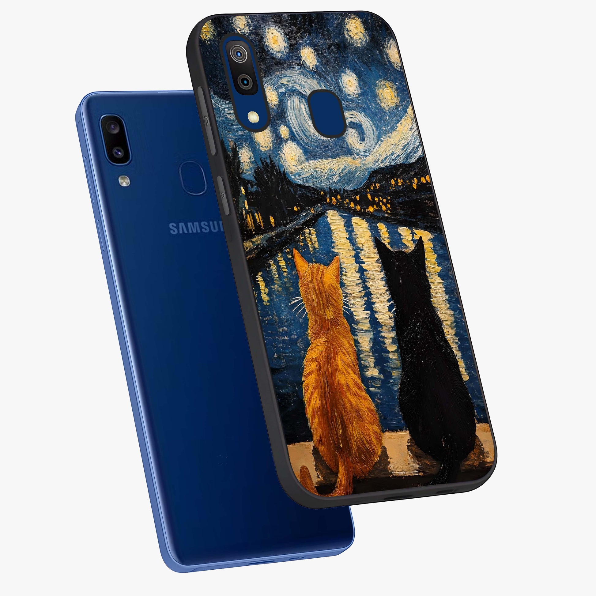 Starry River Cats Glass Case displayed in angled mockup highlighting charming feline illustration with dreamy night aesthetic.