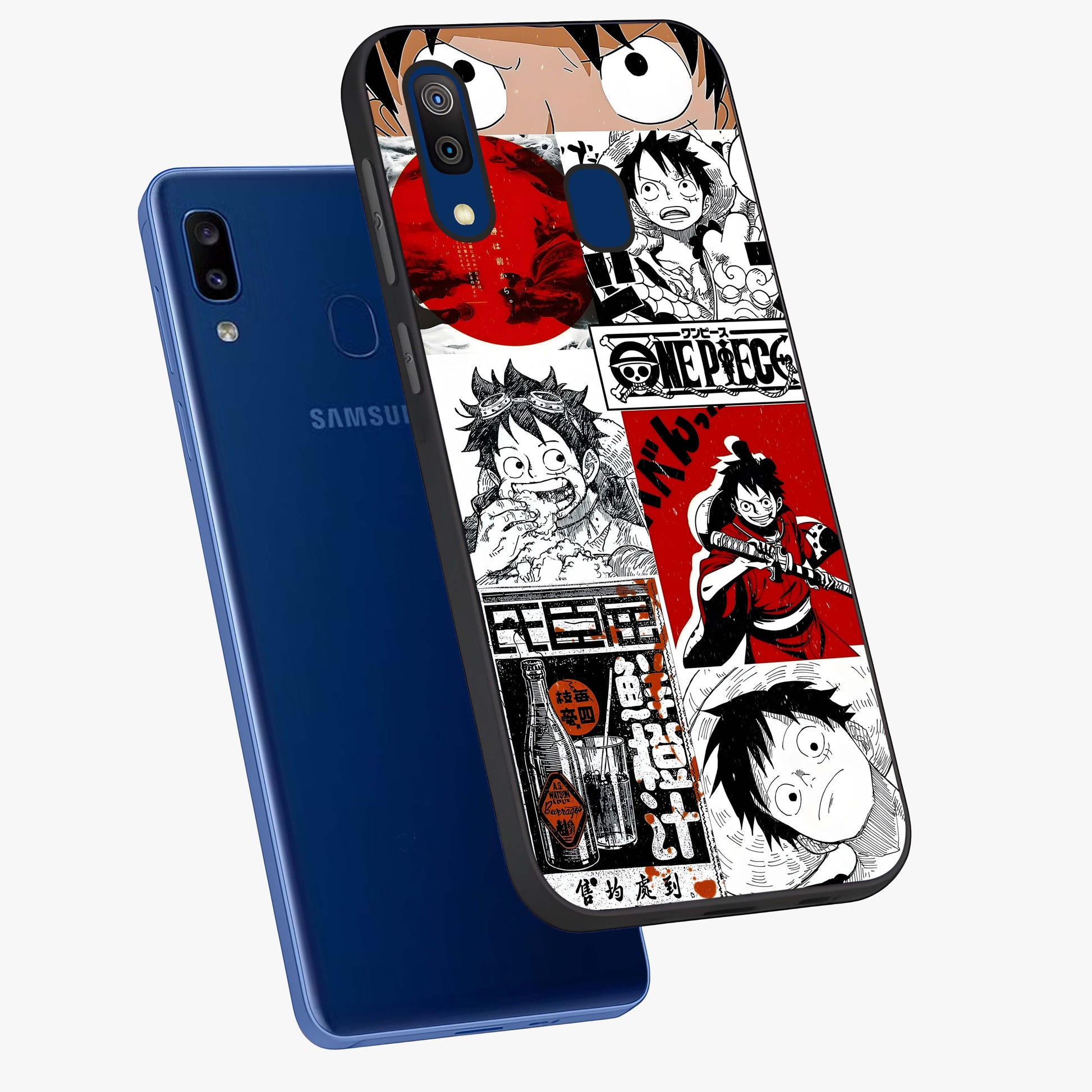 Strawhat Chaos Panels Glass Case displayed in angled mockup highlighting vibrant anime collage design with action aesthetic.