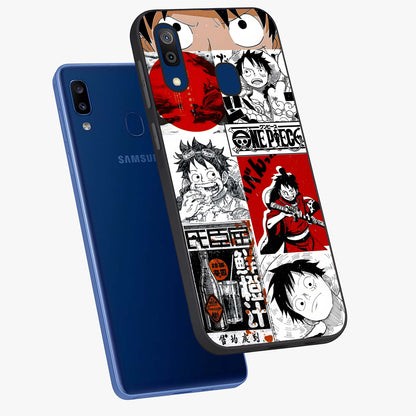 Strawhat Chaos Panels Glass Case displayed in angled mockup highlighting vibrant anime collage design with action aesthetic.