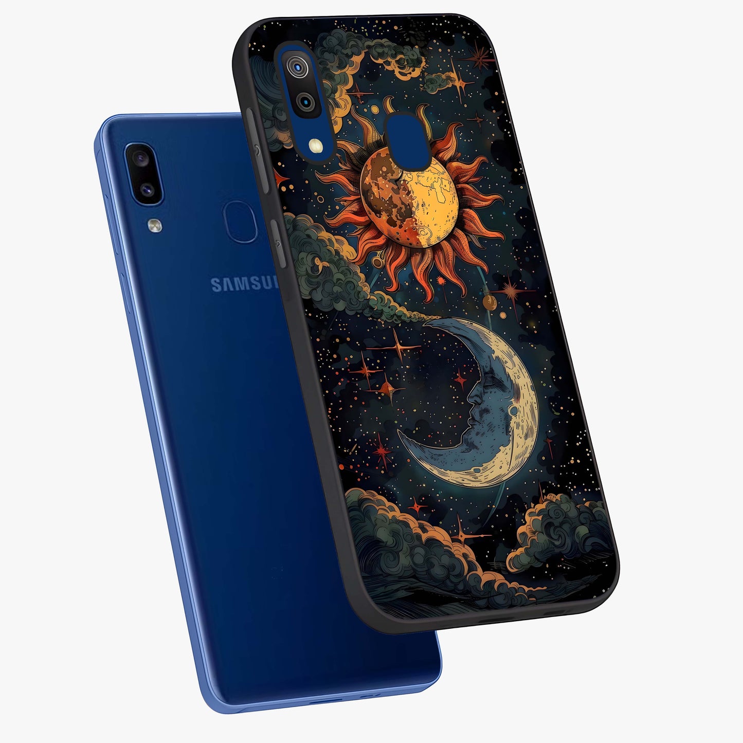 Sun And Moon Magic Design Glass Case displayed in angled mockup highlighting celestial design with magical cosmic aesthetic.