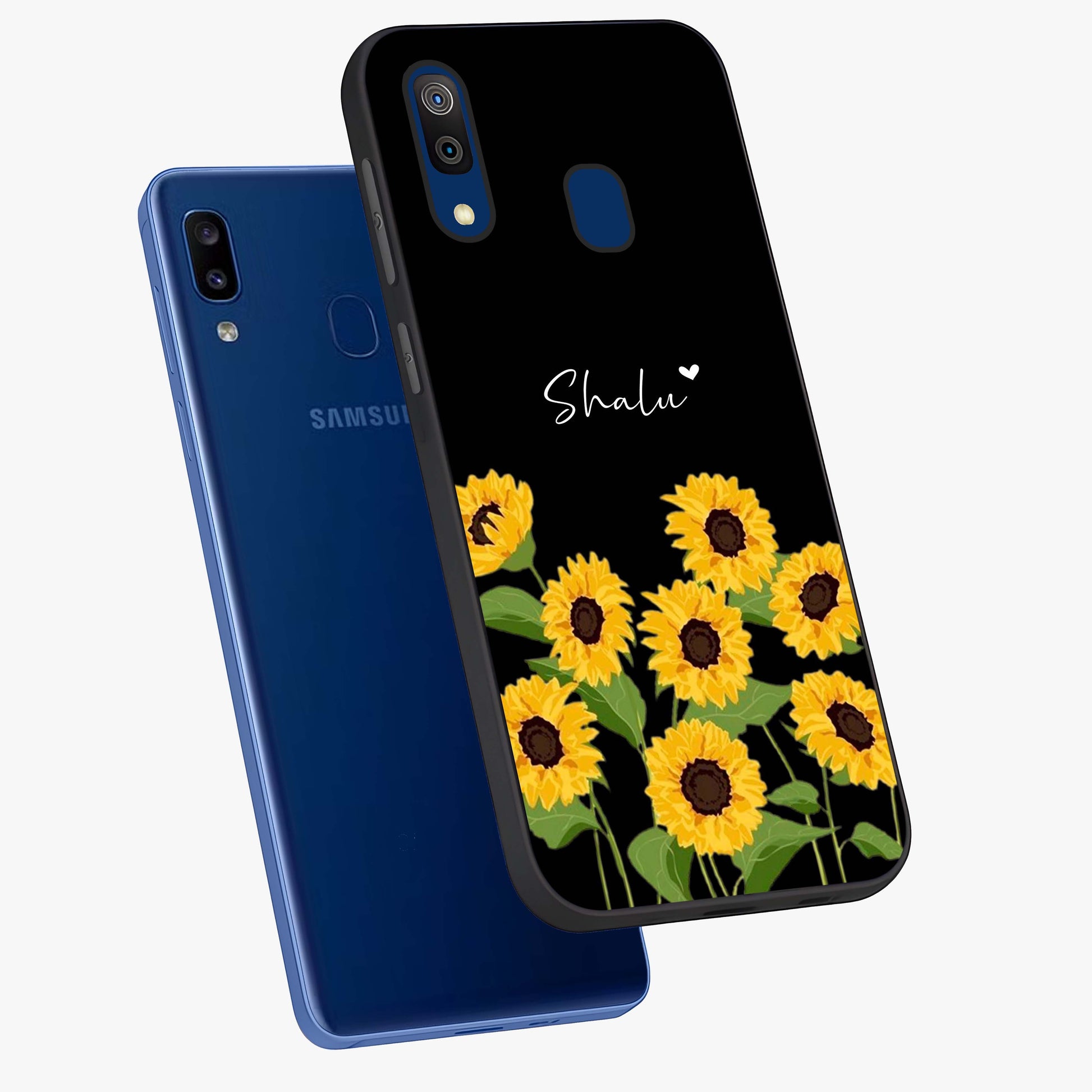 Sunflower Chic Mood Custom Name Glass Case displayed in angled mockup highlighting vibrant sunflower design with custom name feature.