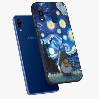 Totoro In Van Gogh Art Glass Case displayed in angled mockup highlighting artistic swirling sky design with playful animation aesthetic.