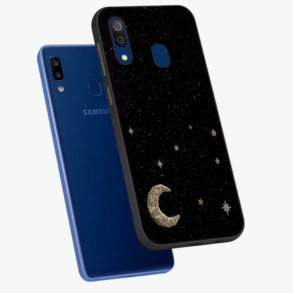 Twinkle Star With Half Moon Glass Case displayed in angled mockup highlighting celestial moon and star design with magical aesthetic.