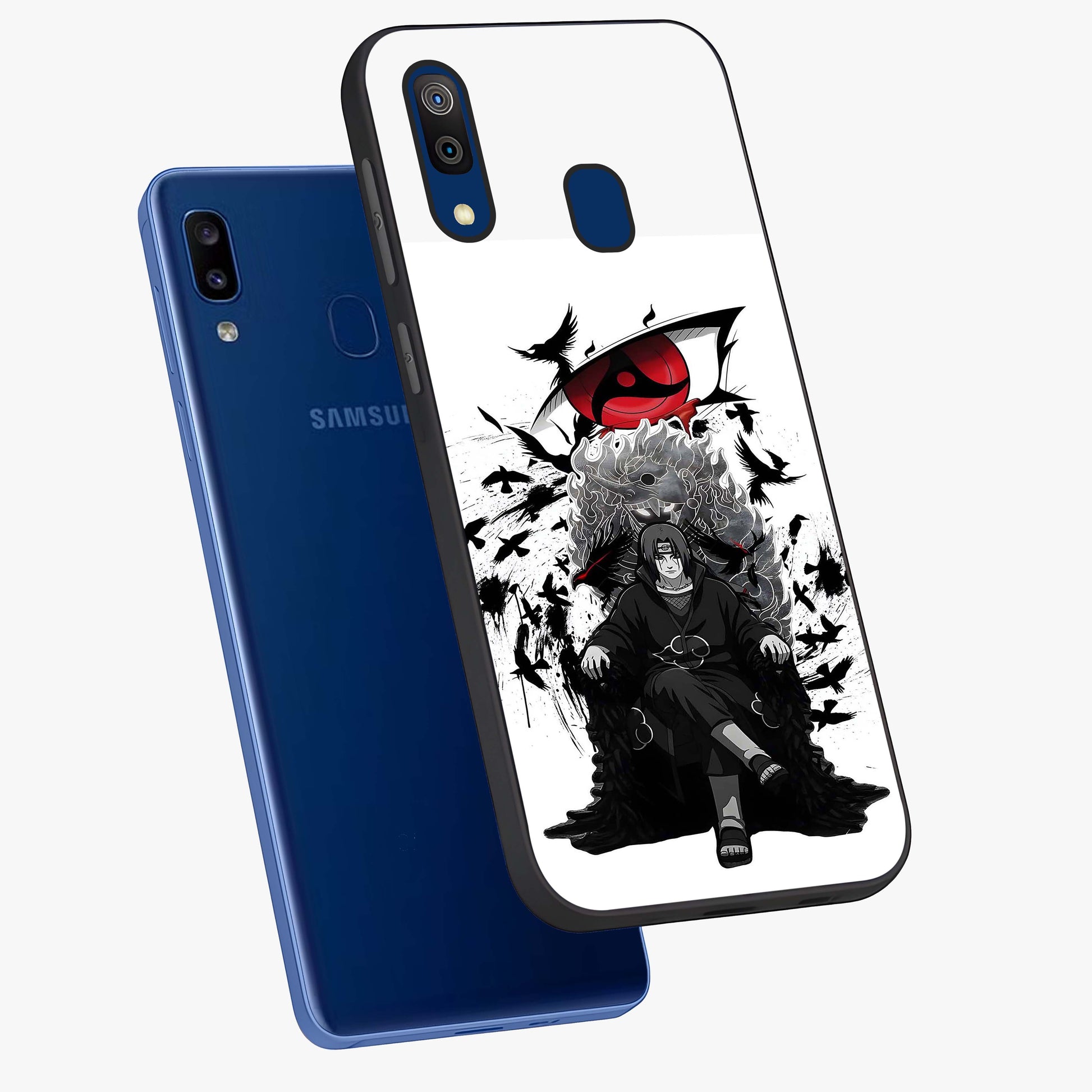 Uchiha Shadow Throne Glass Case displayed in angled mockup highlighting glowing aquatic design with celestial aesthetic.