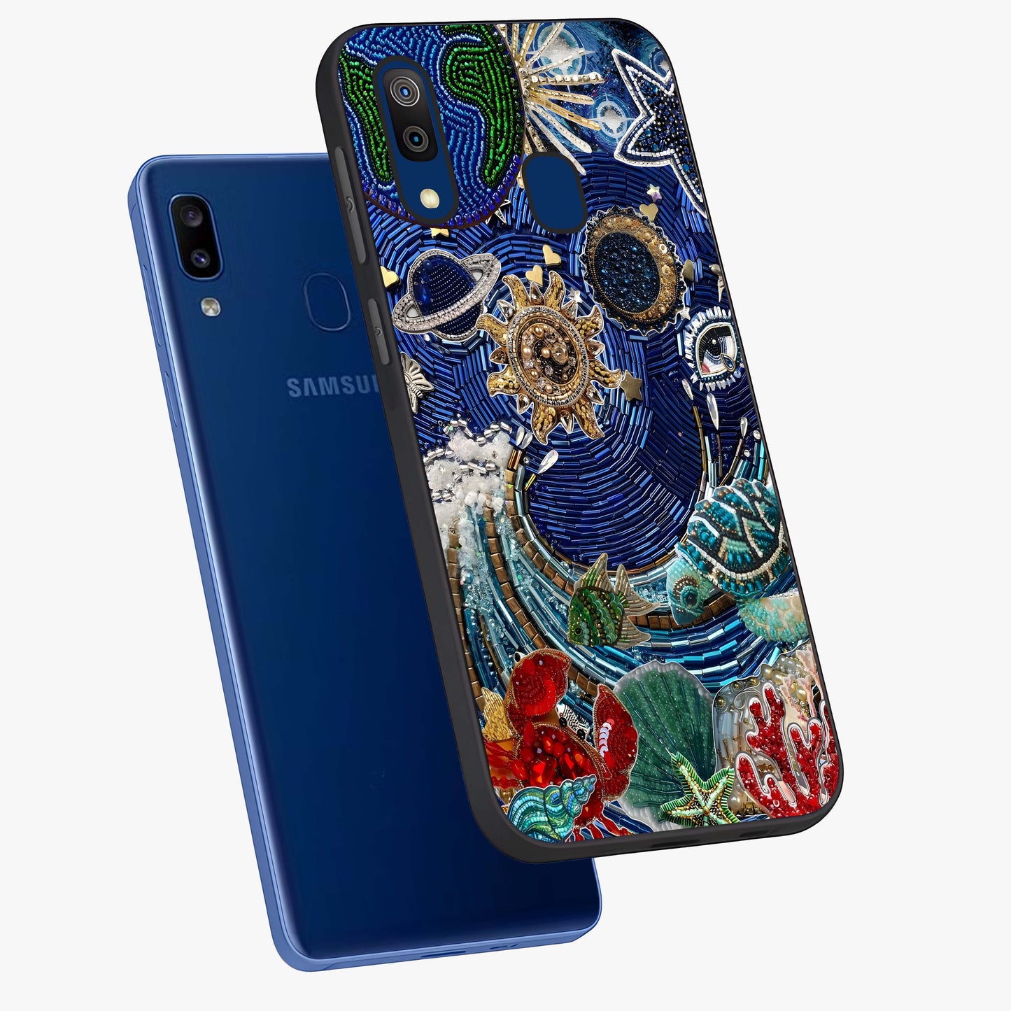 Universe Underwater Spark Glass Case displayed in angled mockup highlighting glowing aquatic design with celestial aesthetic.